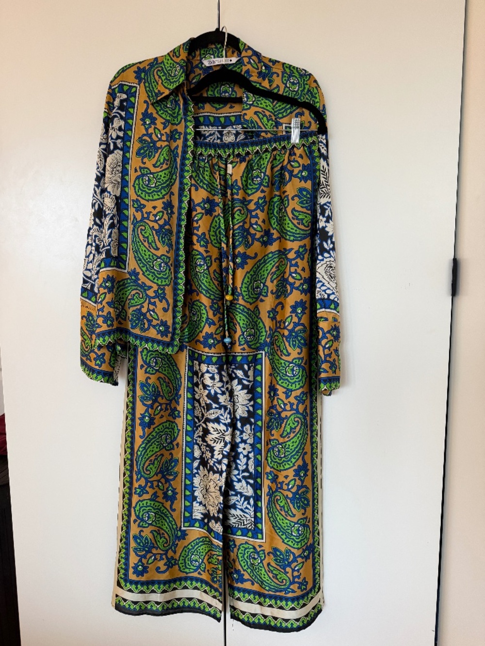 Zara Printed Matching Set NWT L Blouse + Wide Leg Pants Blue Green Paisley